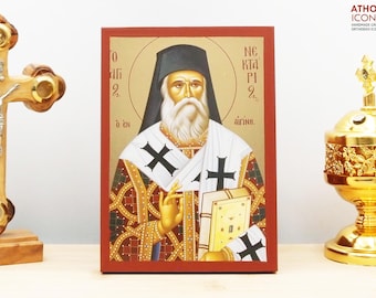Saint Nectarios of Aegina, Wooden Handmade Icon with  Gold Foil Greek Premium Byzantine Style Wall Hanging Religious Theme