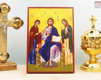 Jesus Christ Small Deesis Icon Handmade Greek Orthodox Byzantine Wooden Wall Art Christian Religious Gift Home Decor