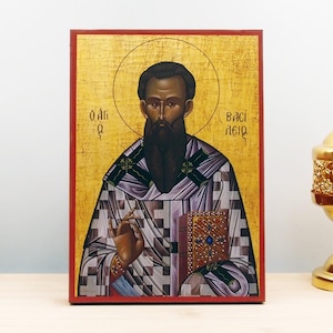 Saint Basil the Great of Caesarea, Wooden Handmade Icon Greek Premium Byzantine Style Wall Hanging on Wood Plaque