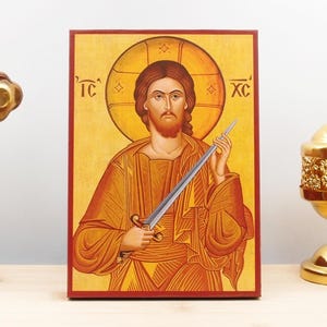 Jesus Christ holding a Spiritual Sword &quot;Cutting&quot; Sins, Wooden Handmade Icon Greek Premium Byzantine Style Wall Hanging on Wood Plaque