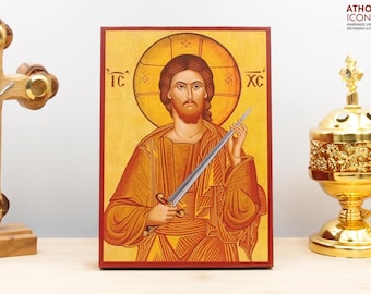 Jesus Christ holding a Spiritual Sword "Cutting" Sins Icon Handmade Greek Orthodox Byzantine Wooden Wall Art Christian Religious Gift Decor