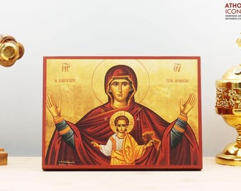 Holy Virgin Mary More Spacious Than the Heavens “Platytera”, Wooden Handmade Icon Greek Premium Byzantine Style Wall Hanging on Wood Plaque