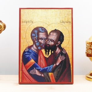 Saint Apostles Paul and Peter Hugging Each Other, Wooden Handmade Icon Greek Premium Byzantine Style Wall Hanging on Wood Plaque Religious
