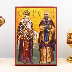 Saints Cyril and Methodius, Wooden Handmade Icon Greek Premium Byzantine Style Wall Hanging on Wood Plaque