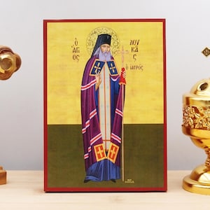 Saint Luke the Physician Fullbody, Wooden Handmade Icon Greek Premium Byzantine Style Wall Hanging on Wood Plaque
