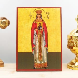 Saint Theodora the Empress, Wooden Handmade Icon Greek Premium Byzantine Style Wall Hanging on Wood Plaque