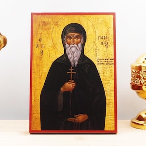 Saint Patapios of Thebes, Wooden Handmade Icon Greek Premium Byzantine Style Wall Hanging on Wood Plaque Religious Theme