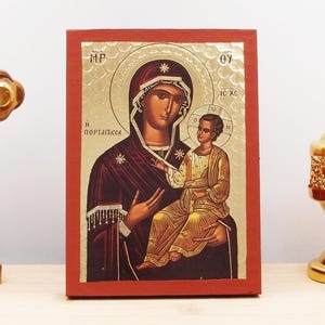 Virgin Mary Hodegitria with Jesus, Wooden Handmade Icon with Gold Foil Engraving Greek Premium Byzantine Style Wall Hanging on Wood Plaque