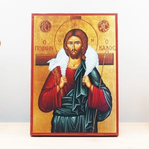 Jesus Christ the Good Shepherd Icon Handmade Greek Orthodox Byzantine Wooden Wall Art Christian Religious Gift Home Decor