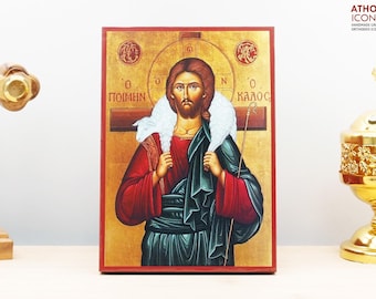 Jesus Christ the Good Shepherd Icon Handmade Greek Orthodox Byzantine Wooden Wall Art Christian Religious Gift Home Decor