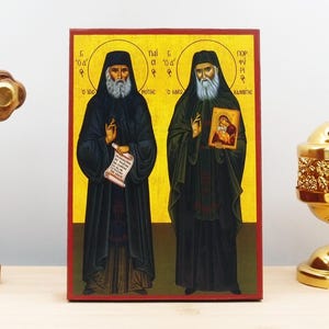 Saints Paisios of Mt Athos & Porphyrios of Kafsokalivia, Wooden Handmade Icon Greek Premium Byzantine Style Wall Hanging on Wood Plaque