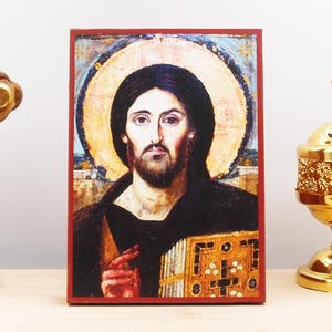 Jesus Christ of Sina, Wooden Handmade Icon Greek Premium Byzantine Style Wall Hanging on Wood Plaque Religious Theme