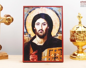 Jesus Christ of Sina, Wooden Handmade Icon Greek Premium Byzantine Style Wall Hanging on Wood Plaque Religious Theme
