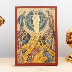 Transfiguration of Jesus Christ &quot;Metamorphosis&quot;, Wooden Handmade Icon with Gold Foil Greek Premium Byzantine Style WallHanging on WoodPlaque