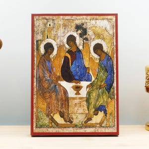 Old Testament Holy Trinity, Wooden Handmade Icon Greek Premium Byzantine Style Wall Hanging on Wood Plaque Religious Theme