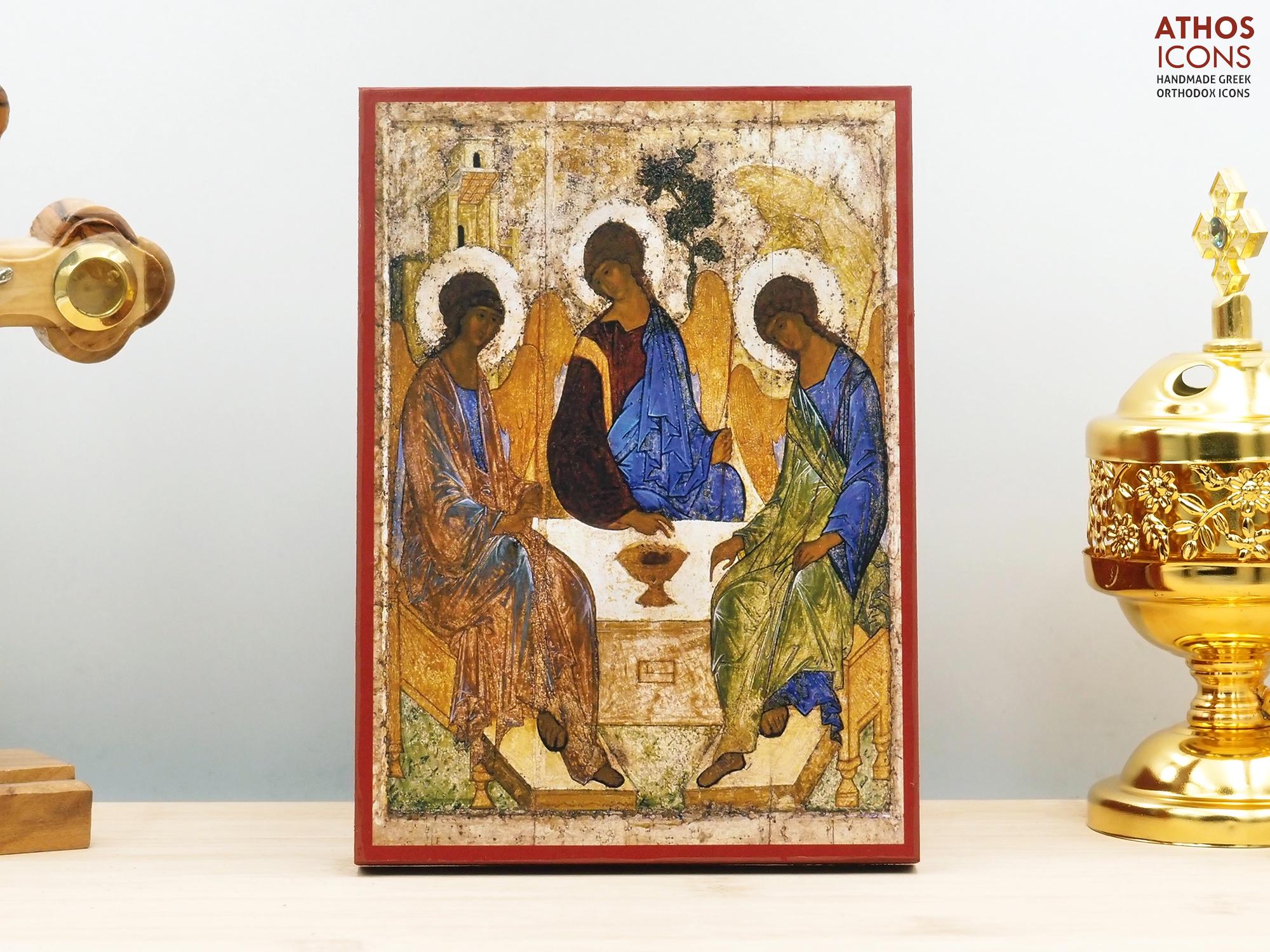 Old Testament Holy Trinity, Wooden Handmade Icon Greek Premium Byzantine Style Wall Hanging on Wood Plaque Religious Theme