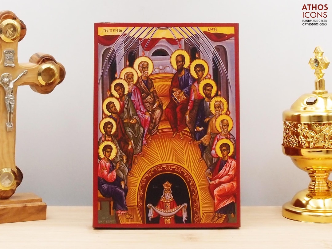 Pentecost Icon Handmade Greek Orthodox Byzantine Wooden Wall Art ...