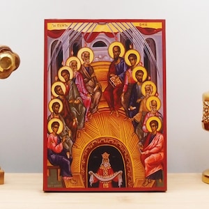 Pentecost, Wooden Handmade Icon Greek Premium Byzantine Style Wall Hanging on Wood Plaque