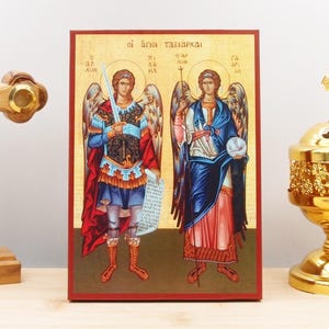 Archangels Michael and Gabriel "Taxiarxes", Wooden Handmade Icon Greek Premium Byzantine Style Wall Hanging on Wood Plaque Religious Theme