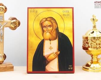 Saint Seraphim of Sarov, Wooden Handmade Icon Greek Premium Byzantine Style Wall Hanging on Wood Plaque