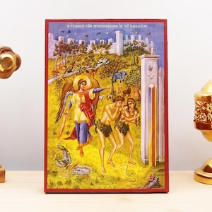 Adam and Eve expulsion from the Garden of Eden, Wooden Handmade Icon Greek Premium Byzantine Style Wall Hanging on Wood Plaque Religious