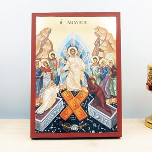Resurrection of Jesus Christ, Wooden Handmade Icon with  Gold Foil Greek Premium Byzantine Style Wall Hanging on Wood Plaque Religious