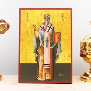 Saint Cyprian “Cyprianus” Fullbody, Wooden Handmade Icon Greek Premium Byzantine Style Wall Hanging on Wood Plaque