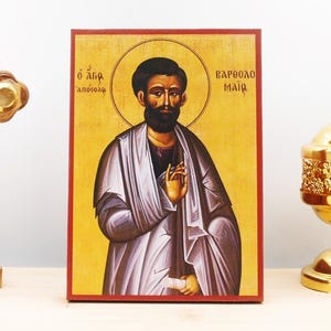 Saint Apostle Bartholomew, Wooden Handmade Icon Greek Premium Byzantine Style Wall Hanging on Wood Plaque Religious Theme