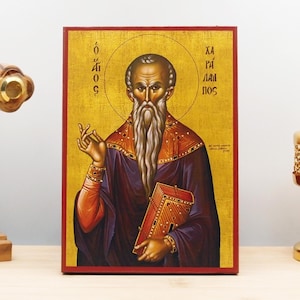 Saint Charalambos, Wooden Handmade Icon Greek Premium Byzantine Style Wall Hanging on Wood Plaque Religious Theme