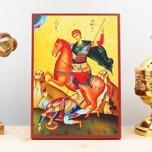 Saint Demetrius of Thessaloniki, Wooden Handmade Icon Greek Premium Byzantine Style Wall Hanging on Wood Plaque