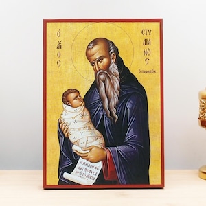 Saint Stylianos of Paphlagonia, Wooden Handmade Icon Greek Premium Byzantine Style Wall Hanging on Wood Plaque
