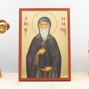 Saint Patapius of Thebes, Wooden Handmade Icon with  Gold Foil Greek Premium Byzantine Style Wall Hanging Religious Theme
