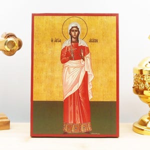 Saints “Agape” Charity, Wooden Handmade Icon Greek Premium Byzantine Style Wall Hanging on Wood Plaque