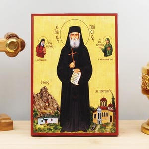 Saint Paisios the Athonite, Wooden Handmade Icon Greek Premium Byzantine Style Wall Hanging on Wood Plaque Religious Theme