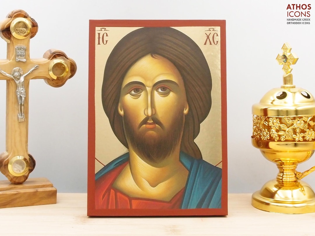 Jesus Christ Portrait Icon Handmade Greek Orthodox Byzantine Gold Foil ...