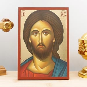 Jesus Christ Portrait, Wooden Handmade Icon with Gold Foil Greek Premium Byzantine Style Wall Hanging on Wood Plaque Religious