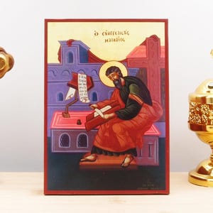 Saint Apostle Matthew the Evangelist Manuscipt, Wooden Handmade Icon Greek Premium Byzantine Style Wall Hanging on Wood Plaque Religious