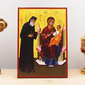 Saint Paisios with Holy Virgin Mary and Jesus Christ, Wooden Handmade Icon Greek Premium Byzantine Style Wall Hanging on Wood Plaque