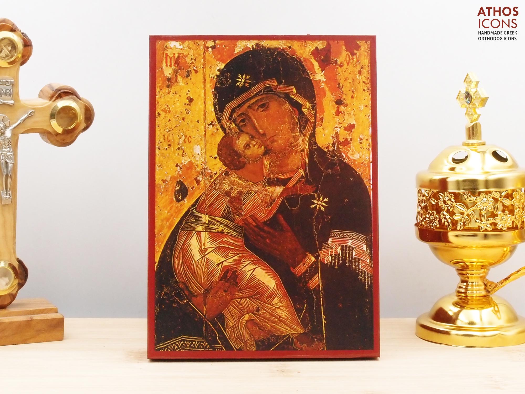 Holy Virgin Mary of Vladimir with Jesus, Wooden Handmade Icon Greek Premium Byzantine Style Wall Hanging on Wood Plaque Religious Theme