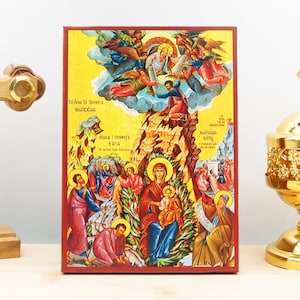 Holy Virgin Mary of the Burning Bush, Wooden Handmade Icon Greek Premium Byzantine Style Wall Hanging on Wood Plaque Religious Theme