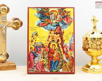 Holy Virgin Mary of the Burning Bush Icon Handmade Greek Orthodox Byzantine Wooden Wall Art Christian Religious Gift Home Decor