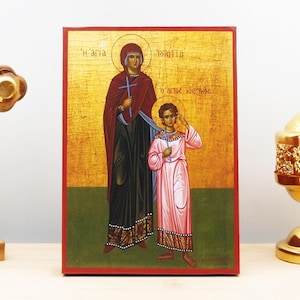 Saints Cyricus and Julitta, Wooden Handmade Icon Greek Premium Byzantine Style Wall Hanging on Wood Plaque