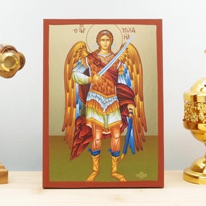 Archangel Michael Fullbody, Wooden Handmade Icon with Gold Foil Greek Premium Byzantine Style Wall Hanging on Wood Plaque