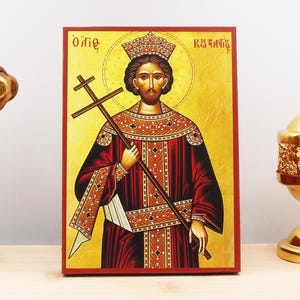 Saint Constantine the Great, Wooden Handmade Icon Greek Premium Byzantine Style Wall Hanging on Wood Plaque