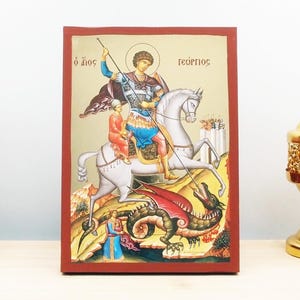 Saint George of Lydda, Wooden Handmade Icon with  Gold Foil Greek Premium Byzantine Style Wall Hanging Religious Theme