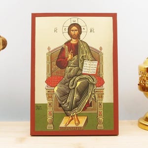 Jesus Christ Enthroned, Wooden Handmade Icon with Gold Foil Greek Premium Byzantine Style Wall Hanging on Wood Plaque ReligiousTheme