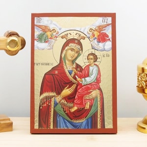 Virgin Mary Gorgoepikoos with Jesus, Wooden Handmade Icon with Gold Foil Engraving Greek Premium Byzantine Style Wall Hanging on Wood Plaque