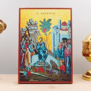 Jesus Christ the Entry Into Jerusalem “Vaioforos”, Wooden Handmade Icon Greek Premium Byzantine Style Wall Hanging on Wood Plaque Religious