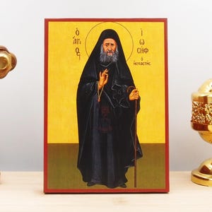 Saint Joseph the Hesychast Fullbody, Wooden Handmade Icon Greek Premium Byzantine Style Wall Hanging on Wood Plaque