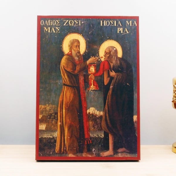 Saint Zosimas give the Holy-Communion to Saint Mary of Egypt Icon Handmade Greek Orthodox Byzantine Wooden Wall Art Christian Religious Gift